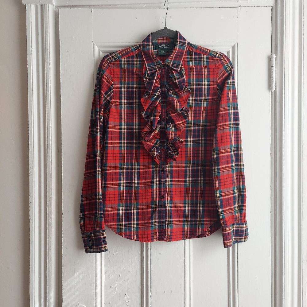 Vintage Ralph Lauren Ruffle Front Plaid Shirt, Size Small